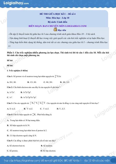 Đề thi giữa kì 1 Hóa 10 Cánh diều - Đề số 4